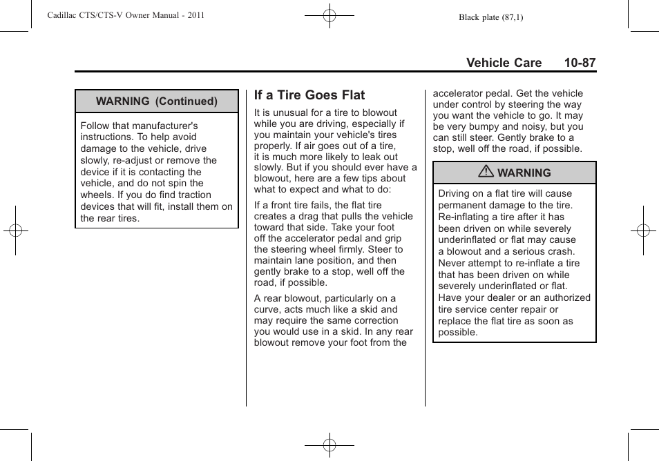 If a tire goes flat, If a tire goes flat -87 | Cadillac 2011 CTS-V Sports Sedan User Manual | Page 409 / 492