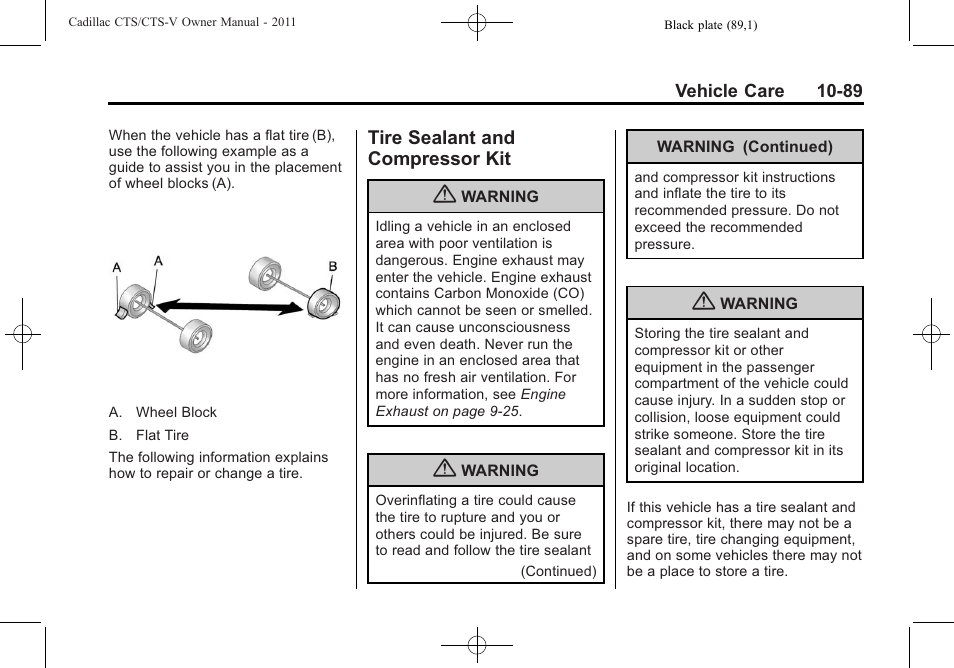 Tire sealant and compressor kit, Tire sealant and, Compressor kit -89 | Cadillac 2011 CTS-V Sports Sedan User Manual | Page 411 / 492