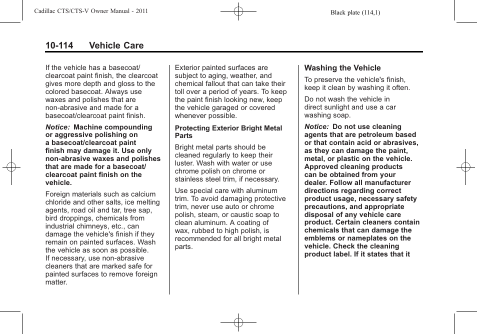 114 vehicle care | Cadillac 2011 CTS-V Sports Sedan User Manual | Page 436 / 492