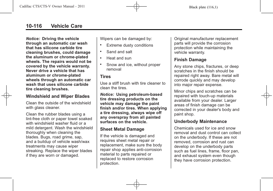 116 vehicle care | Cadillac 2011 CTS-V Sports Sedan User Manual | Page 438 / 492