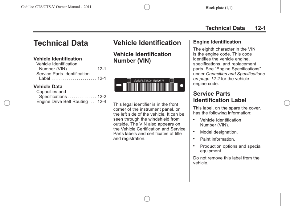 Technical data, Vehicle identification, Vehicle identification number (vin) | Service parts identification label, Echnical data -1, Identification -1, Technical data 12-1 | Cadillac 2011 CTS-V Sports Sedan User Manual | Page 457 / 492