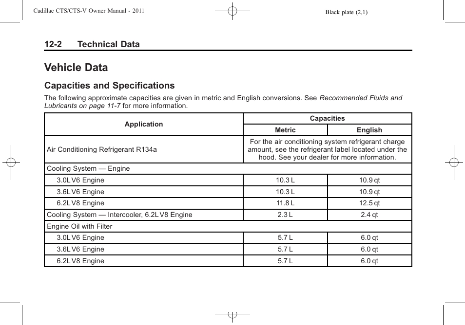 Vehicle data, Capacities and specifications, Capacities and | Specifications -2, 2 technical data | Cadillac 2011 CTS-V Sports Sedan User Manual | Page 458 / 492