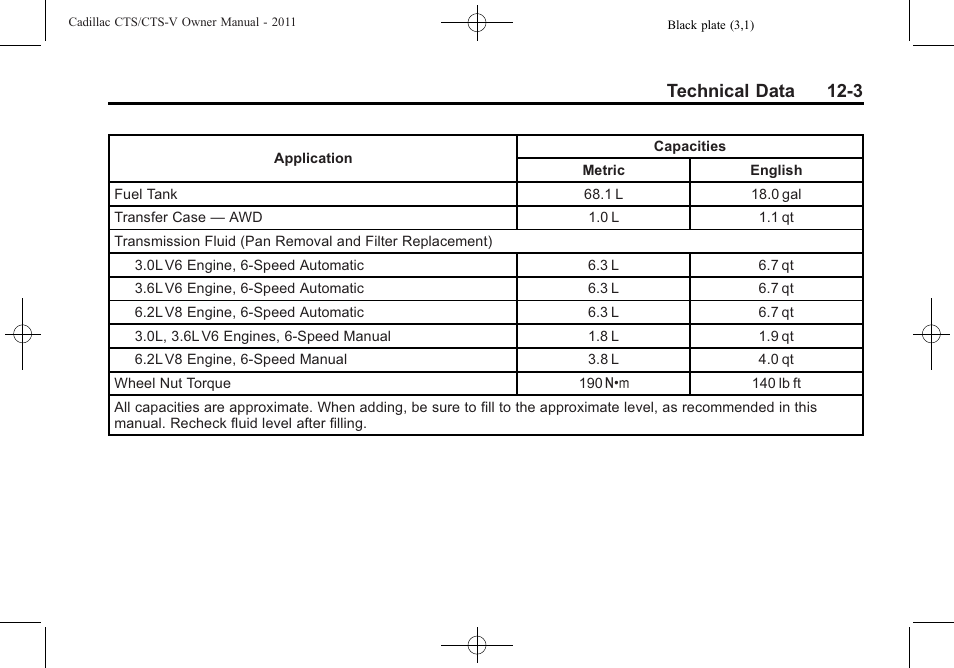 Technical data 12-3 | Cadillac 2011 CTS-V Sports Sedan User Manual | Page 459 / 492