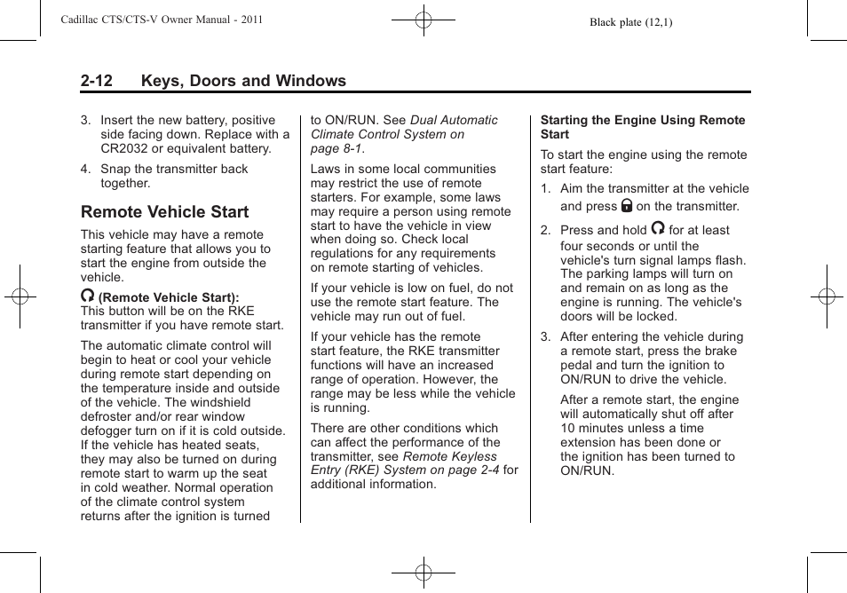 Remote vehicle start, Remote vehicle start -12 | Cadillac 2011 CTS-V Sports Sedan User Manual | Page 46 / 492