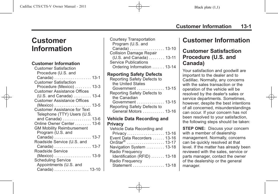 Customer information, Customer satisfaction procedure (u.s. and canada), Customer information -1 | Customer information 13-1 | Cadillac 2011 CTS-V Sports Sedan User Manual | Page 461 / 492