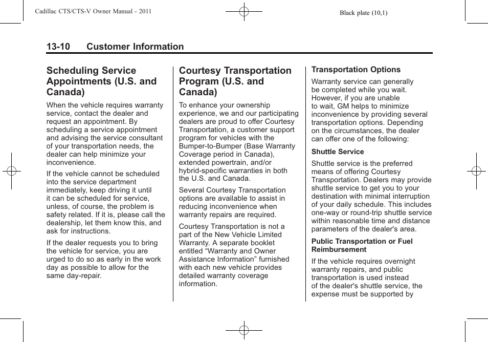 Scheduling service appointments (u.s. and canada), Courtesy transportation program (u.s. and canada), Scheduling service | Appointments (u.s. and canada) -10, Courtesy transportation, Program (u.s. and canada) -10 | Cadillac 2011 CTS-V Sports Sedan User Manual | Page 470 / 492