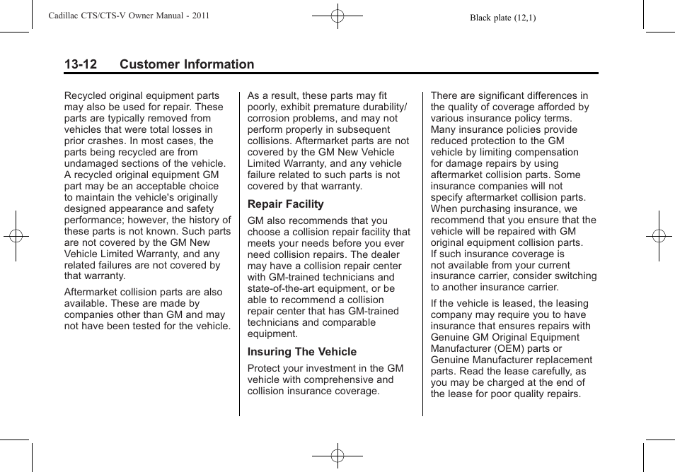 12 customer information | Cadillac 2011 CTS-V Sports Sedan User Manual | Page 472 / 492