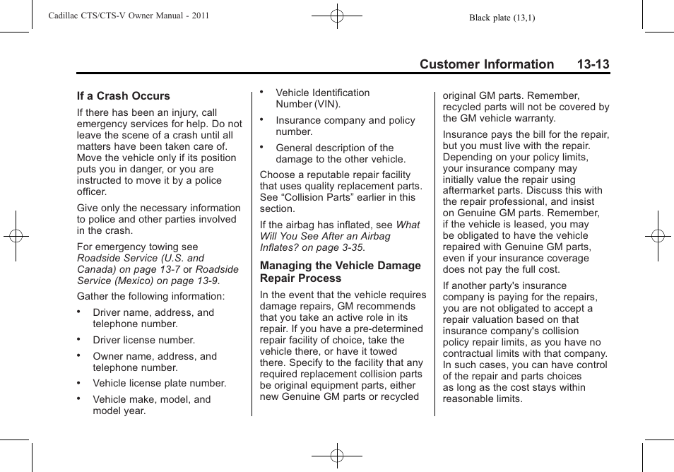 Customer information 13-13 | Cadillac 2011 CTS-V Sports Sedan User Manual | Page 473 / 492