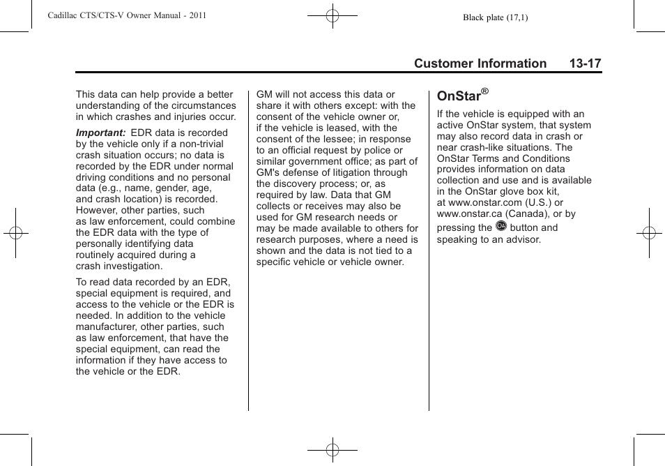 Onstar | Cadillac 2011 CTS-V Sports Sedan User Manual | Page 477 / 492