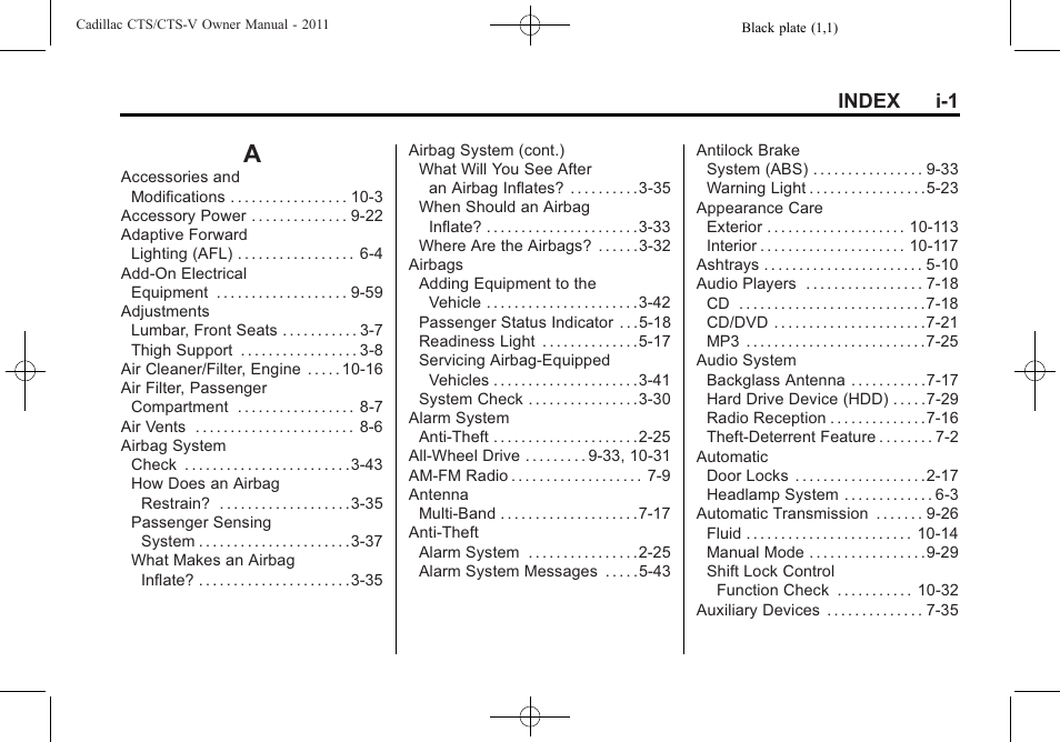 Index, Index_a, Index i-1 | Cadillac 2011 CTS-V Sports Sedan User Manual | Page 479 / 492