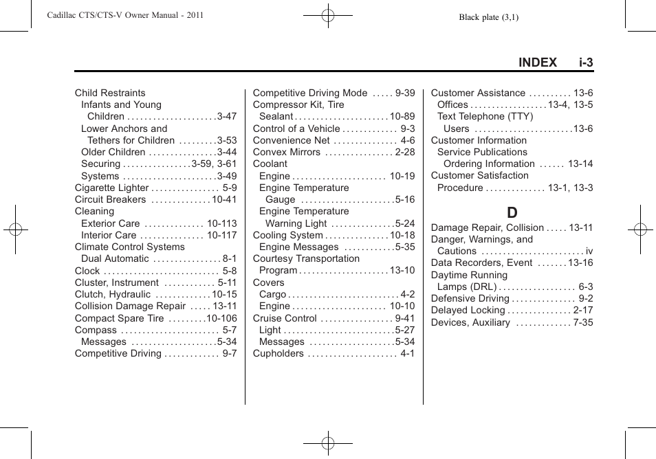 Index_d, Index i-3 | Cadillac 2011 CTS-V Sports Sedan User Manual | Page 481 / 492