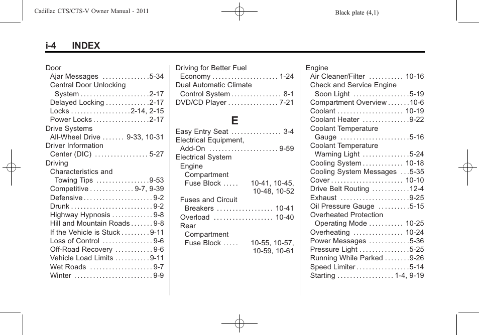 Index_e, I-4 index | Cadillac 2011 CTS-V Sports Sedan User Manual | Page 482 / 492