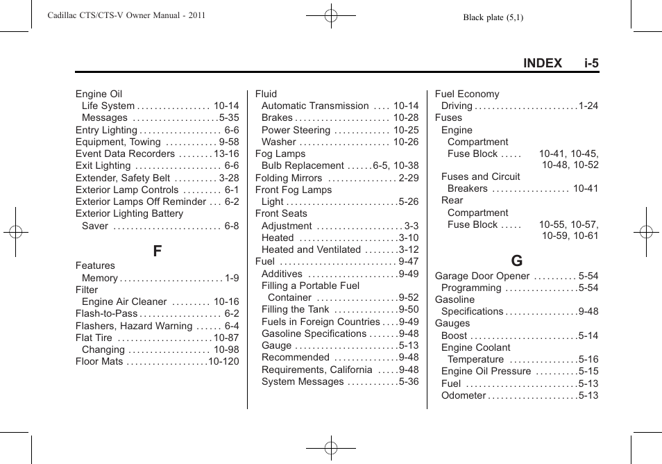 Index_f, Index_g, Index i-5 | Cadillac 2011 CTS-V Sports Sedan User Manual | Page 483 / 492