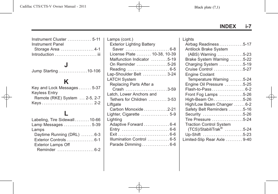 Index_j, Index_k, Index_l | Cadillac 2011 CTS-V Sports Sedan User Manual | Page 485 / 492