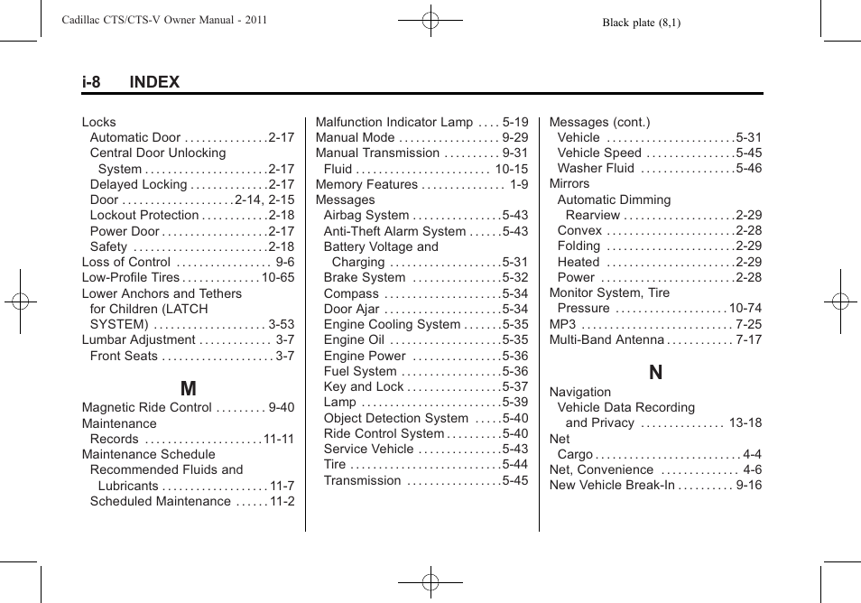 Index_m, Index_n, I-8 index | Cadillac 2011 CTS-V Sports Sedan User Manual | Page 486 / 492