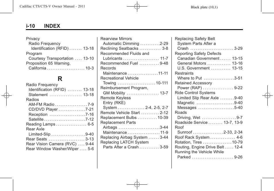 Index_r, I-10 index | Cadillac 2011 CTS-V Sports Sedan User Manual | Page 488 / 492