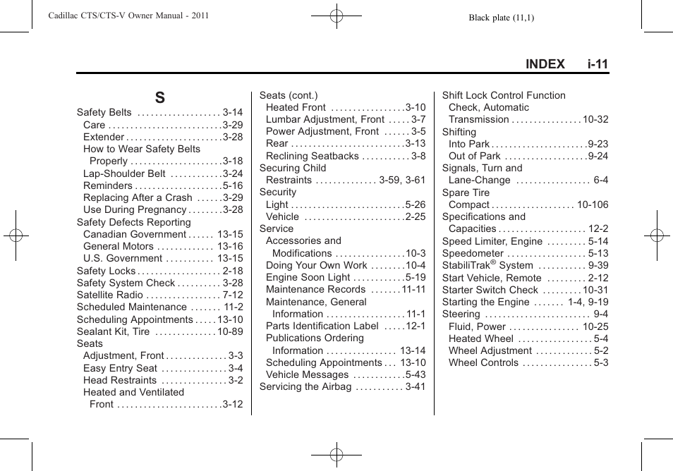 Index_s, Index i-11 | Cadillac 2011 CTS-V Sports Sedan User Manual | Page 489 / 492