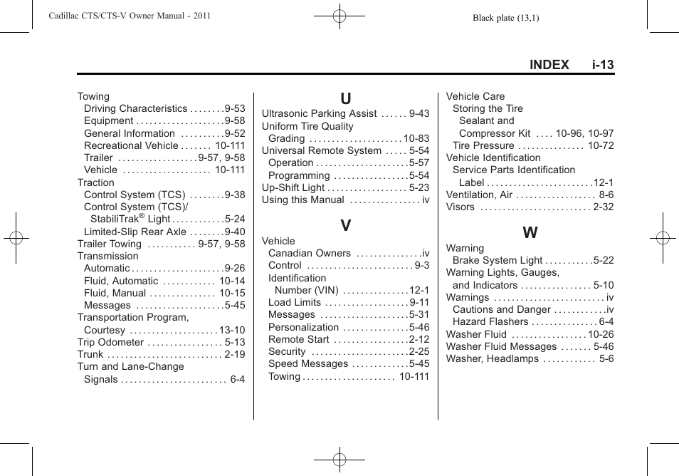 Index_u, Index_v, Index_w | Index i-13 | Cadillac 2011 CTS-V Sports Sedan User Manual | Page 491 / 492