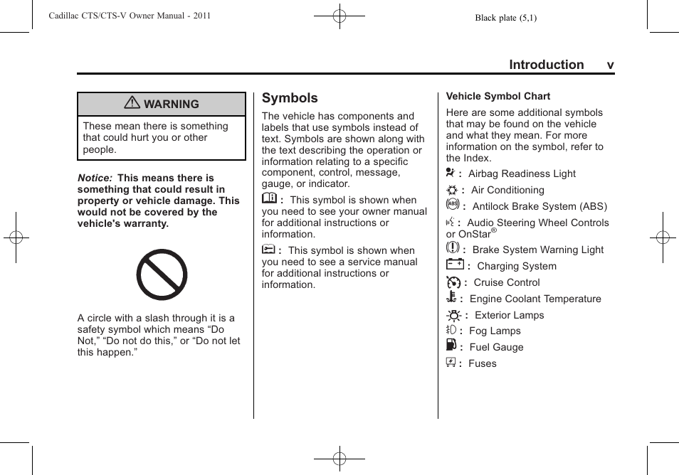 Symbols | Cadillac 2011 CTS-V Sports Sedan User Manual | Page 5 / 492