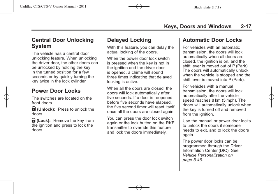 Central door unlocking system, Power door locks, Delayed locking | Automatic door locks, Central door unlocking, System -17, Power door locks -17, Delayed locking -17 automatic door locks -17 | Cadillac 2011 CTS-V Sports Sedan User Manual | Page 51 / 492