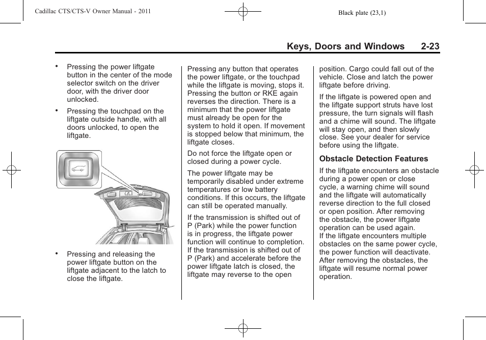 Keys, doors and windows 2-23 | Cadillac 2011 CTS-V Sports Sedan User Manual | Page 57 / 492