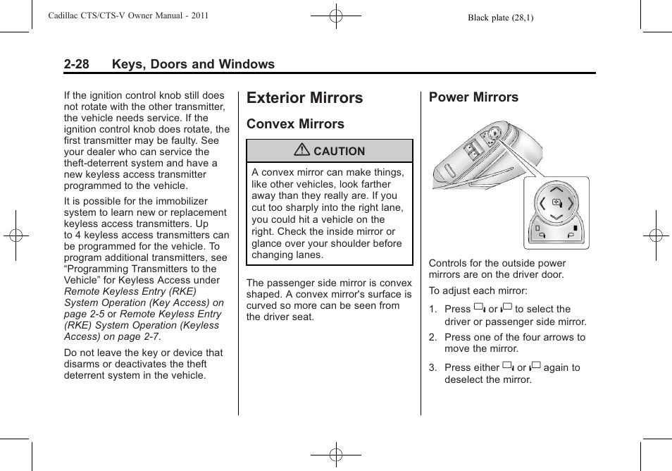 Exterior mirrors, Convex mirrors, Power mirrors | Exterior mirrors -28, Vehicle, Convex mirrors -28 power mirrors -28 | Cadillac 2011 CTS-V Sports Sedan User Manual | Page 62 / 492