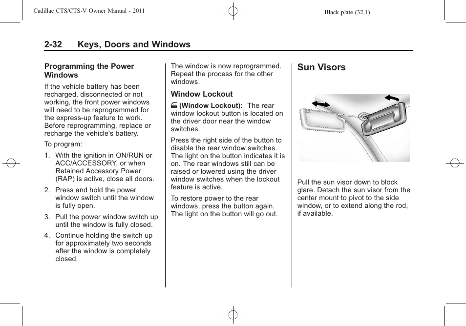 Sun visors, Sun visors -32, 32 keys, doors and windows | Cadillac 2011 CTS-V Sports Sedan User Manual | Page 66 / 492