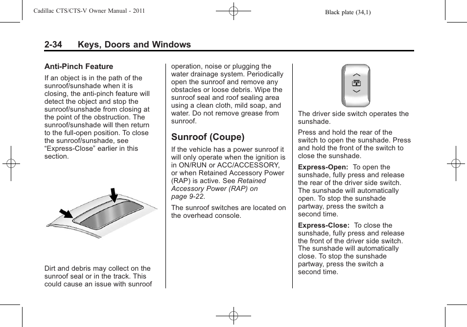 Sunroof (coupe), Sunroof (coupe) -34 | Cadillac 2011 CTS-V Sports Sedan User Manual | Page 68 / 492