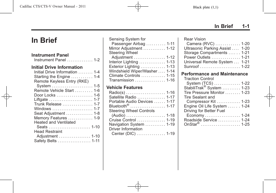 In brief, In brief -1 | Cadillac 2011 CTS-V Sports Sedan User Manual | Page 7 / 492