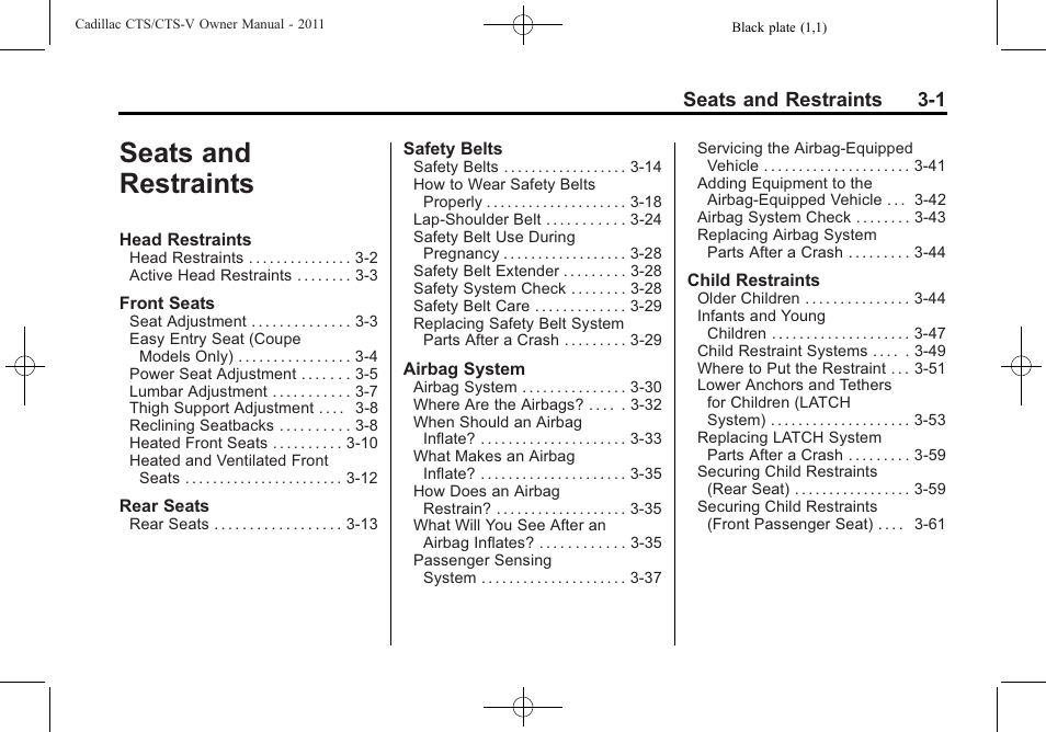 Seats and restraints, Seats and restraints -1, Seats and restraints 3-1 | Cadillac 2011 CTS-V Sports Sedan User Manual | Page 71 / 492