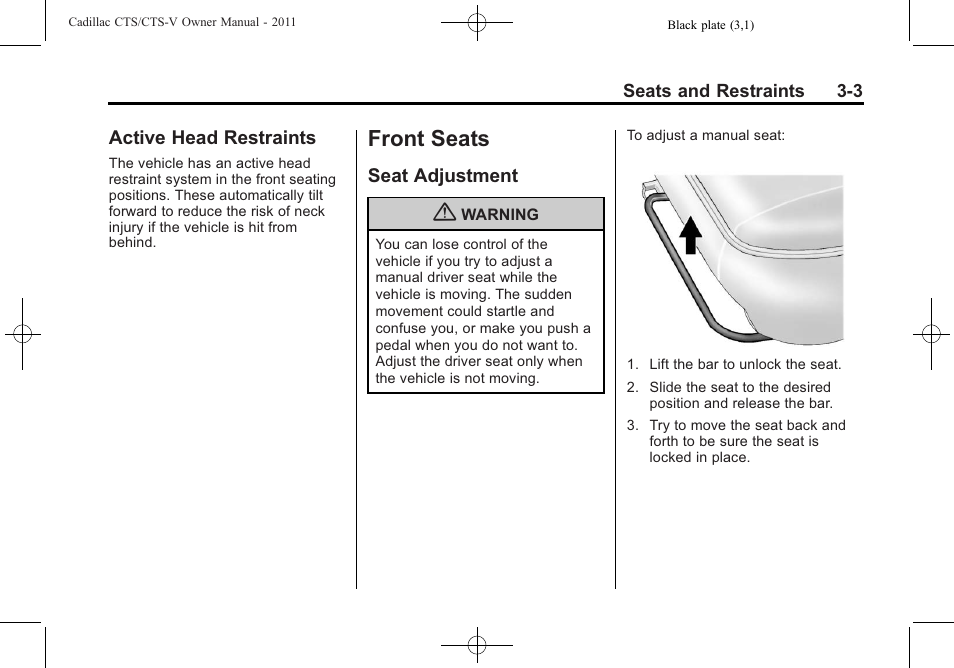 Active head restraints, Front seats, Seat adjustment | Front seats -3, Active head restraints -3, Seat adjustment -3 | Cadillac 2011 CTS-V Sports Sedan User Manual | Page 73 / 492