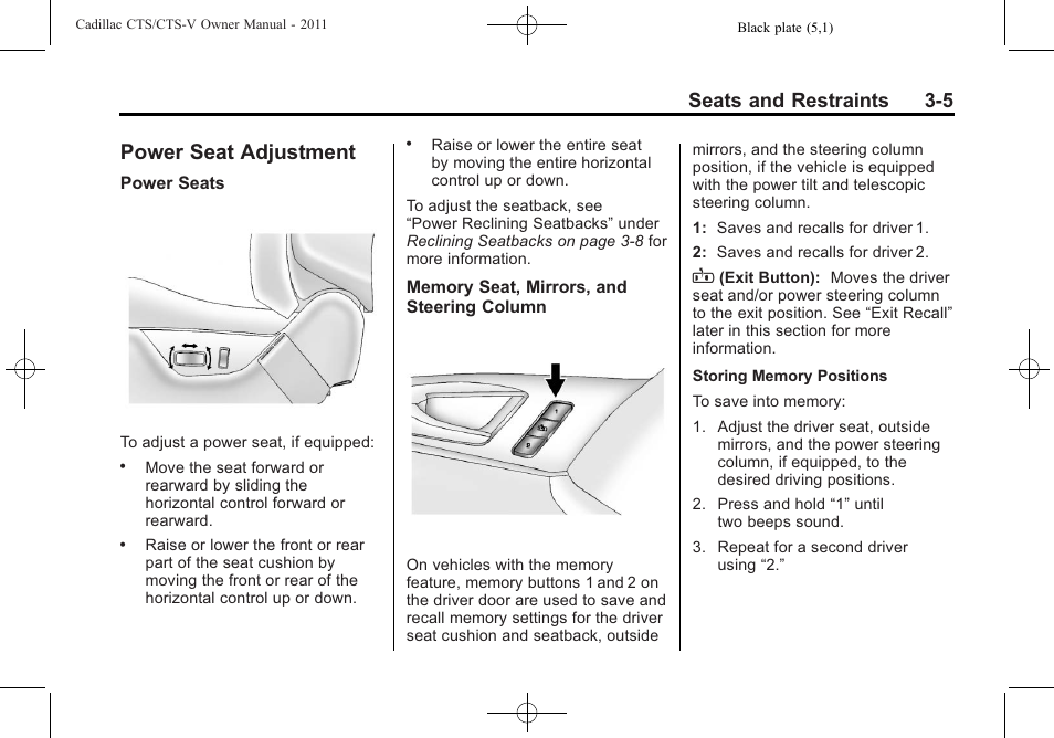 Power seat adjustment, Power seat adjustment -5, Airbag | Seats and restraints 3-5 | Cadillac 2011 CTS-V Sports Sedan User Manual | Page 75 / 492