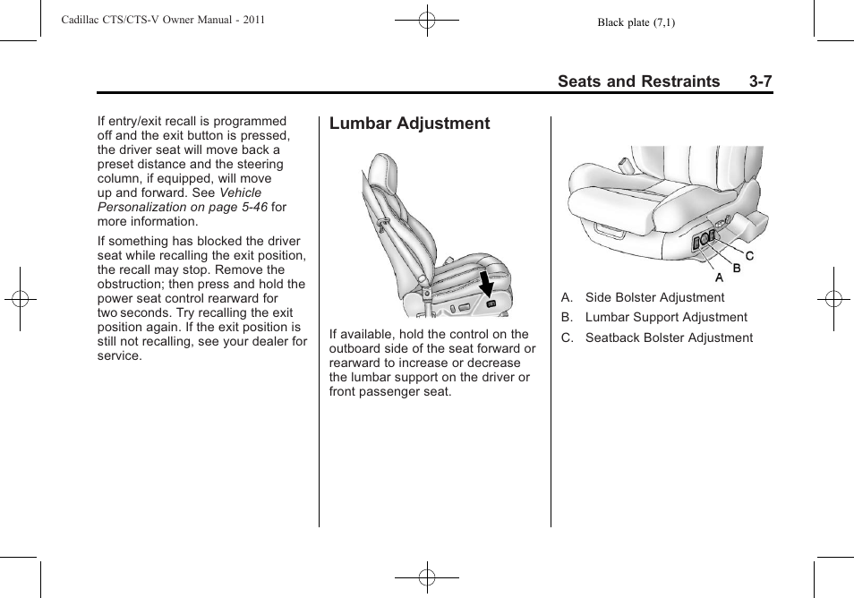 Lumbar adjustment, Lumbar adjustment -7, Airbag | Cadillac 2011 CTS-V Sports Sedan User Manual | Page 77 / 492