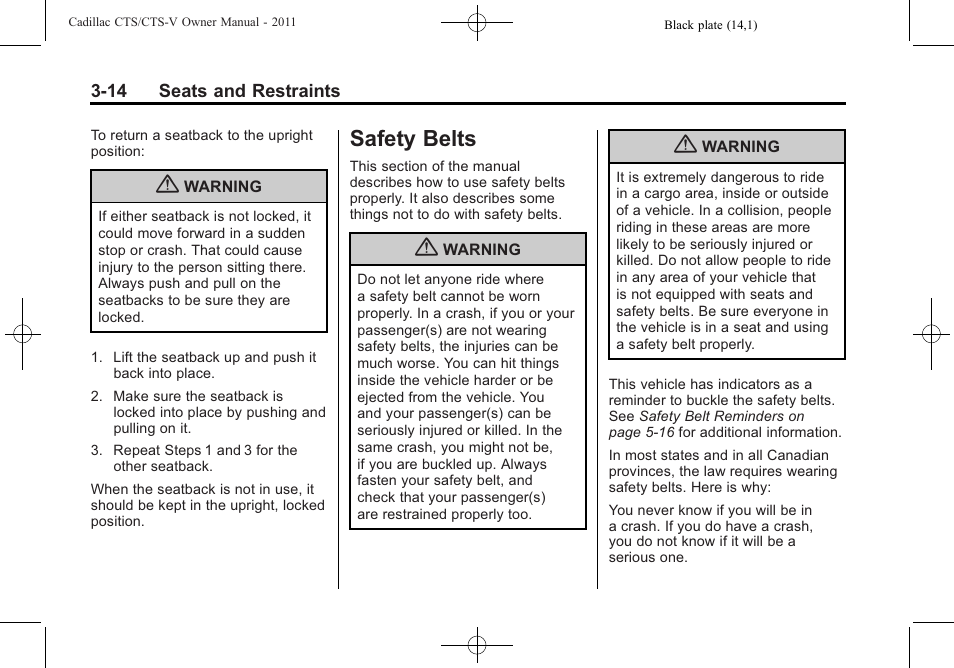 Safety belts, Safety belts -14 | Cadillac 2011 CTS-V Sports Sedan User Manual | Page 84 / 492