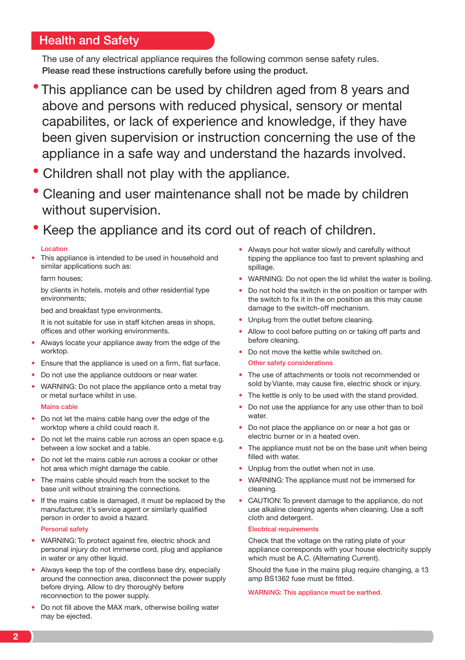 Health and safety | Viante CAF-20K Filter Kettle User Manual | Page 2 / 8