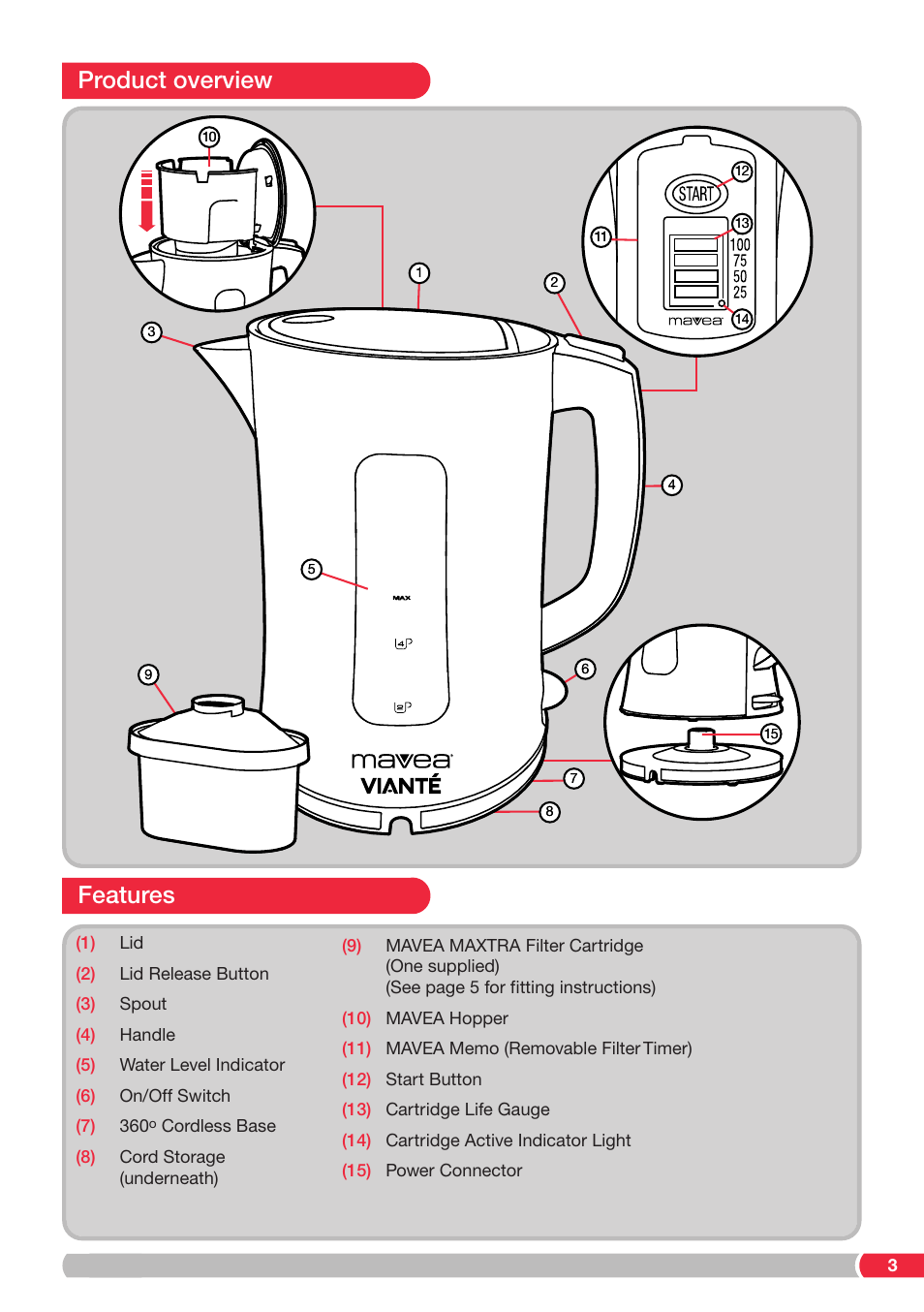 Features, Product overview | Viante CAF-20K Filter Kettle User Manual | Page 3 / 8