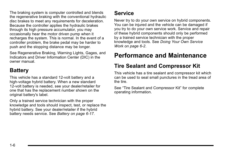 Battery, Service, Performance and maintenance | Tire sealant and compressor kit, Performance and maintenance -6, Battery -6 service -6, Tire sealant and compressor kit -6 | Cadillac 2010 Escalade Hybrid User Manual | Page 10 / 112