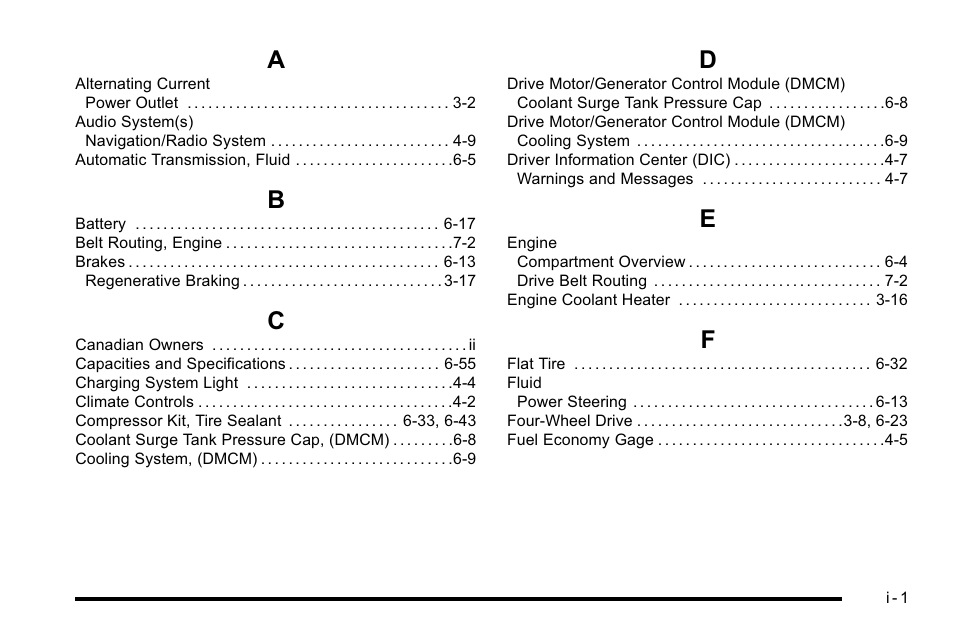 Index, Index_a, Index_b | Index_c, Index_d, Index_e, Index_f | Cadillac 2010 Escalade Hybrid User Manual | Page 109 / 112