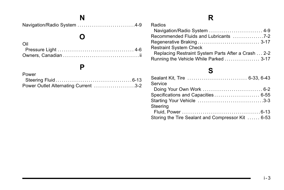 Index_n, Index_o, Index_p | Index_r, Index_s | Cadillac 2010 Escalade Hybrid User Manual | Page 111 / 112