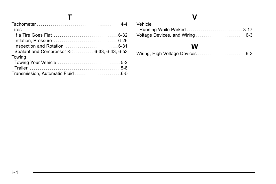 Index_t, Index_v, Index_w | Cadillac 2010 Escalade Hybrid User Manual | Page 112 / 112