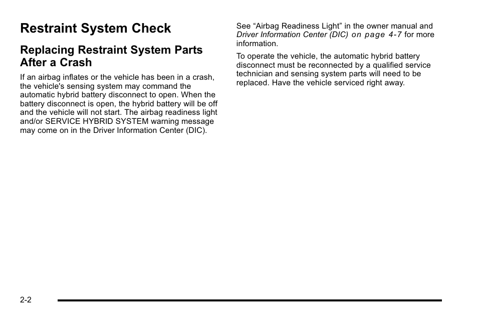 Restraint system check, Replacing restraint system parts after a crash, Restraint system check -2 | Cadillac 2010 Escalade Hybrid User Manual | Page 12 / 112