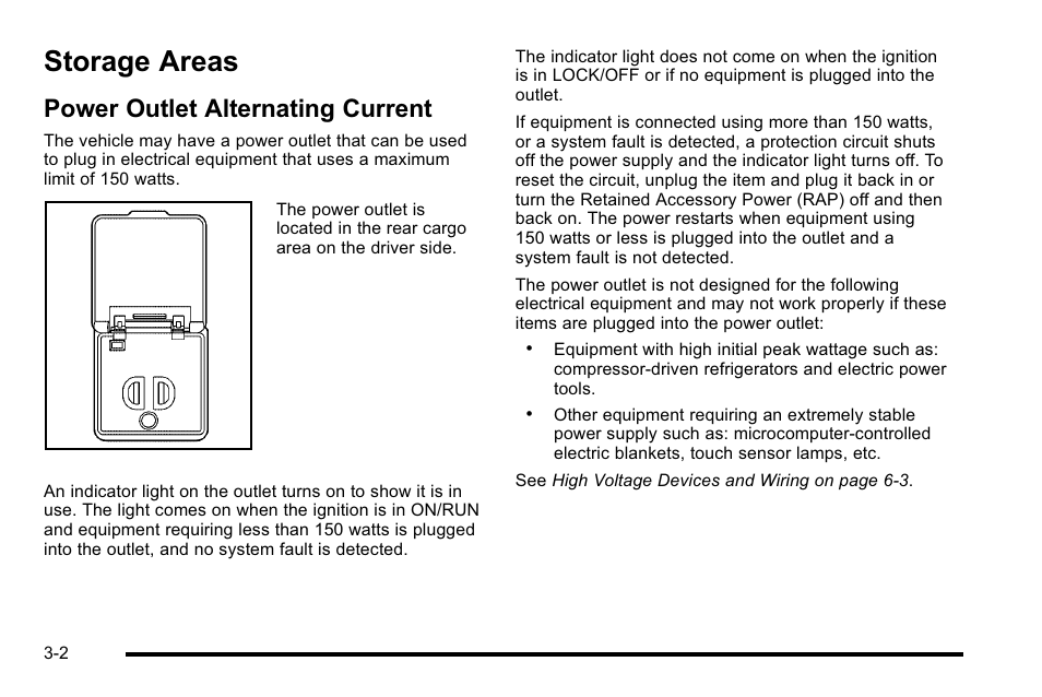 Storage areas, Power outlet alternating current, Storage areas -2 | Power outlet alternating current -2 | Cadillac 2010 Escalade Hybrid User Manual | Page 14 / 112