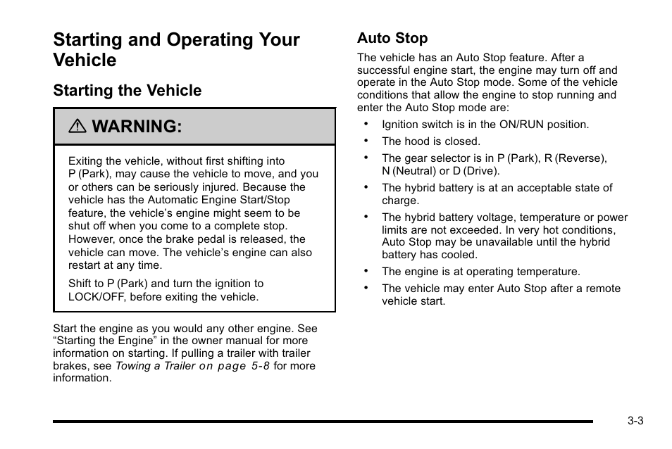 Starting and operating your vehicle, Starting the vehicle, Starting and operating your vehicle -3 | Appearance care, Starting the vehicle -3, Regenerative, Warning, Auto stop | Cadillac 2010 Escalade Hybrid User Manual | Page 15 / 112