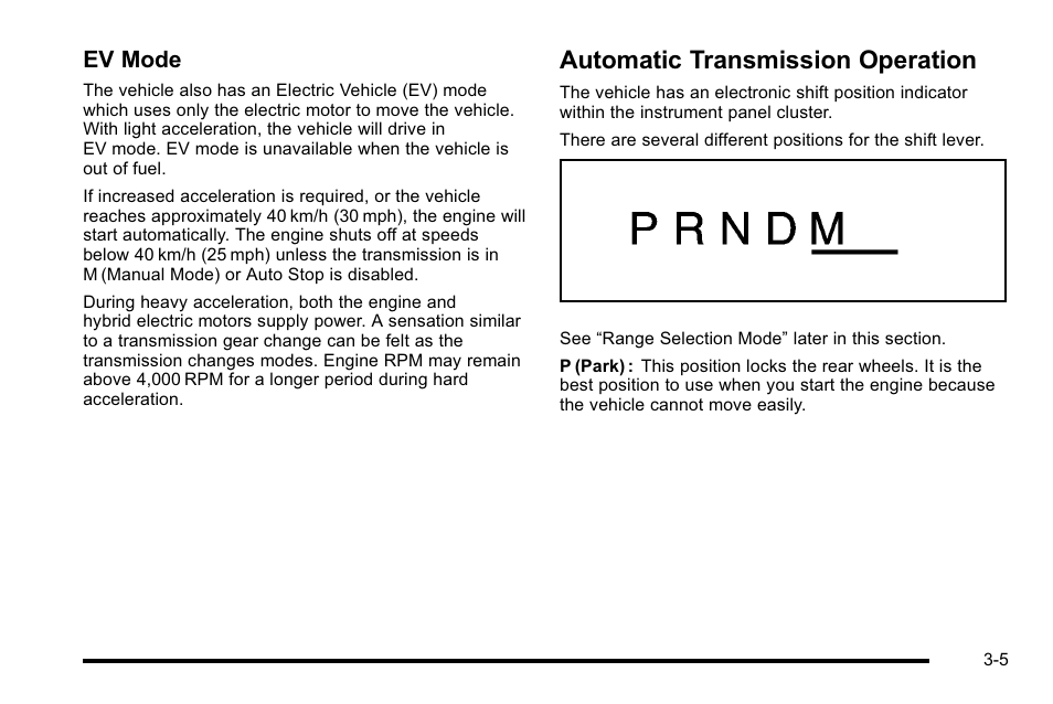 Automatic transmission operation, Automatic transmission operation -5, Ev mode | Cadillac 2010 Escalade Hybrid User Manual | Page 17 / 112
