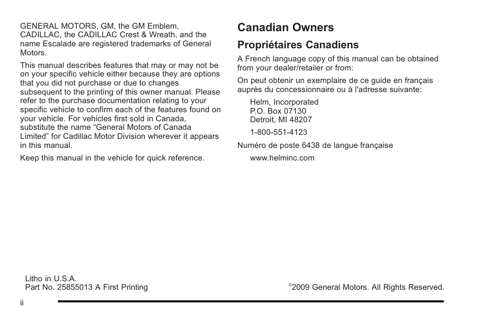 Preface, Canadian owners, Propriétaires canadiens | Cadillac 2010 Escalade Hybrid User Manual | Page 2 / 112