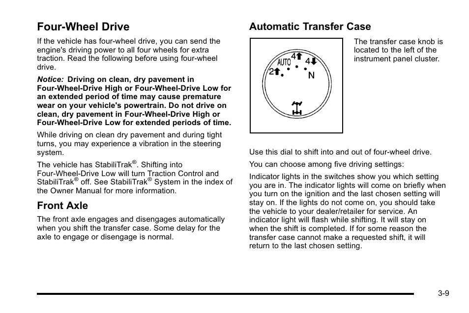 Four-wheel drive, Four-wheel drive -9, Front axle | Automatic transfer case | Cadillac 2010 Escalade Hybrid User Manual | Page 21 / 112