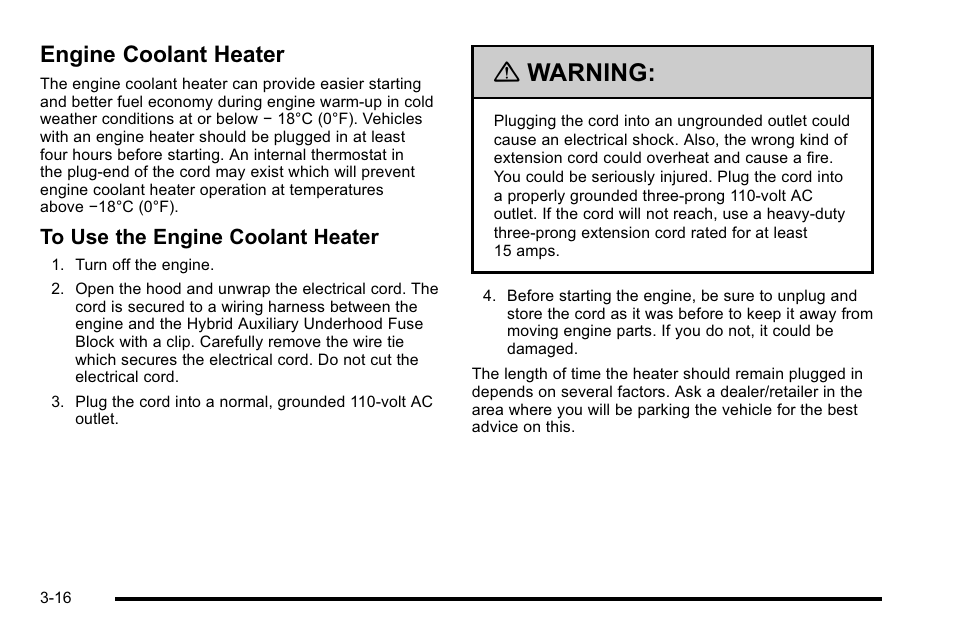 Engine coolant heater, Engine coolant heater -16, Warning | Cadillac 2010 Escalade Hybrid User Manual | Page 28 / 112