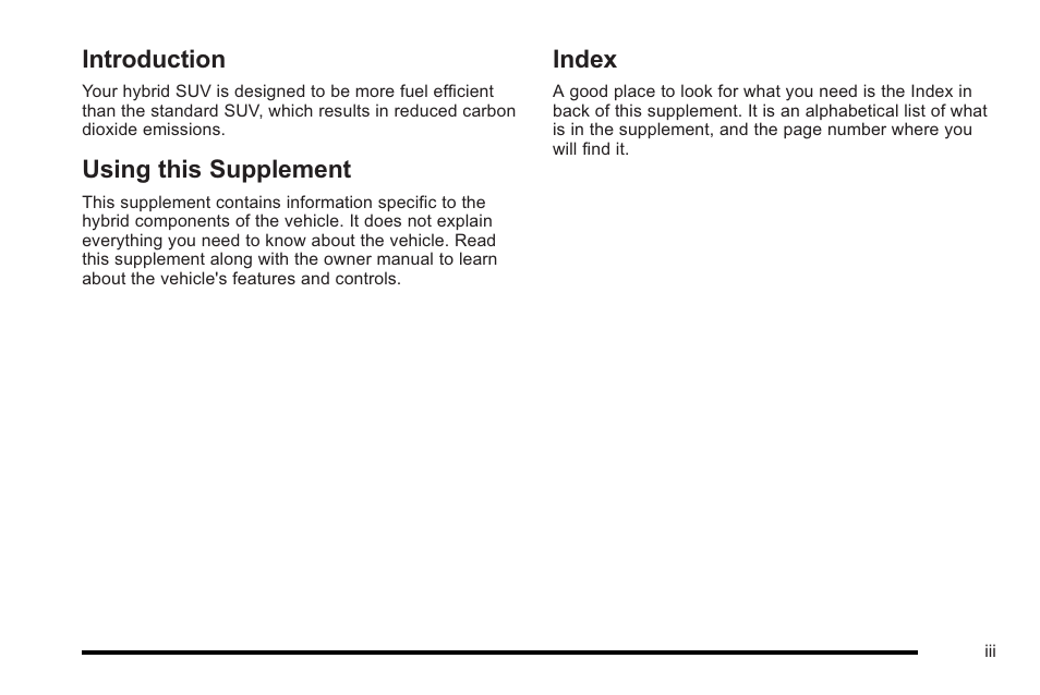 Introduction, Using this supplement, Index | Cadillac 2010 Escalade Hybrid User Manual | Page 3 / 112
