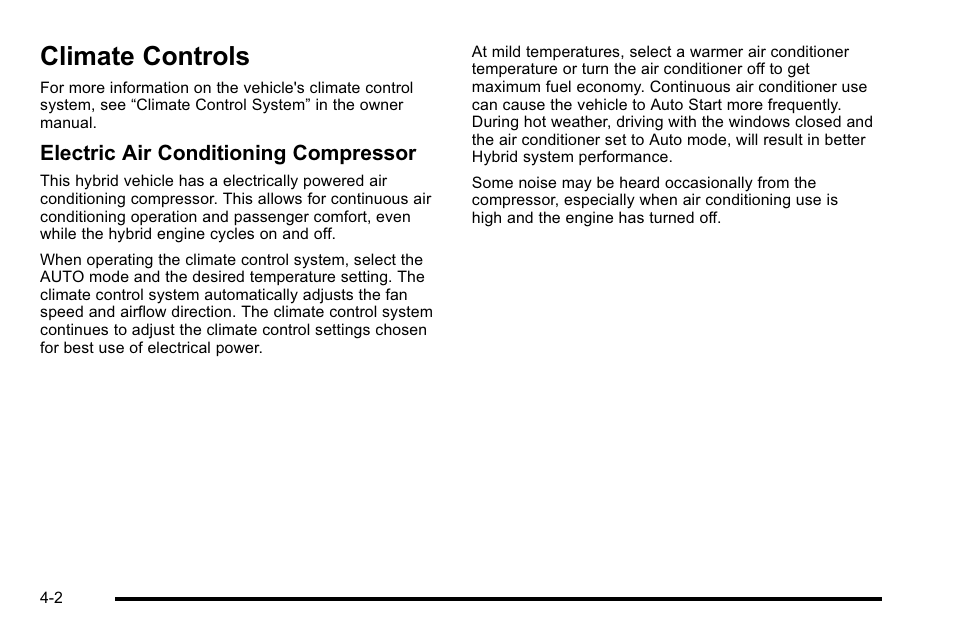 Climate controls, Climate controls -2, Maintenance | Driver, Electric air conditioning compressor | Cadillac 2010 Escalade Hybrid User Manual | Page 32 / 112