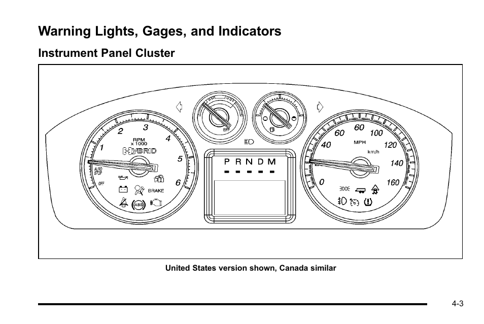 Warning lights, gages, and indicators, Instrument panel cluster, Warning lights, gages, and indicators -3 | Maintenance, Instrument panel cluster -3 | Cadillac 2010 Escalade Hybrid User Manual | Page 33 / 112